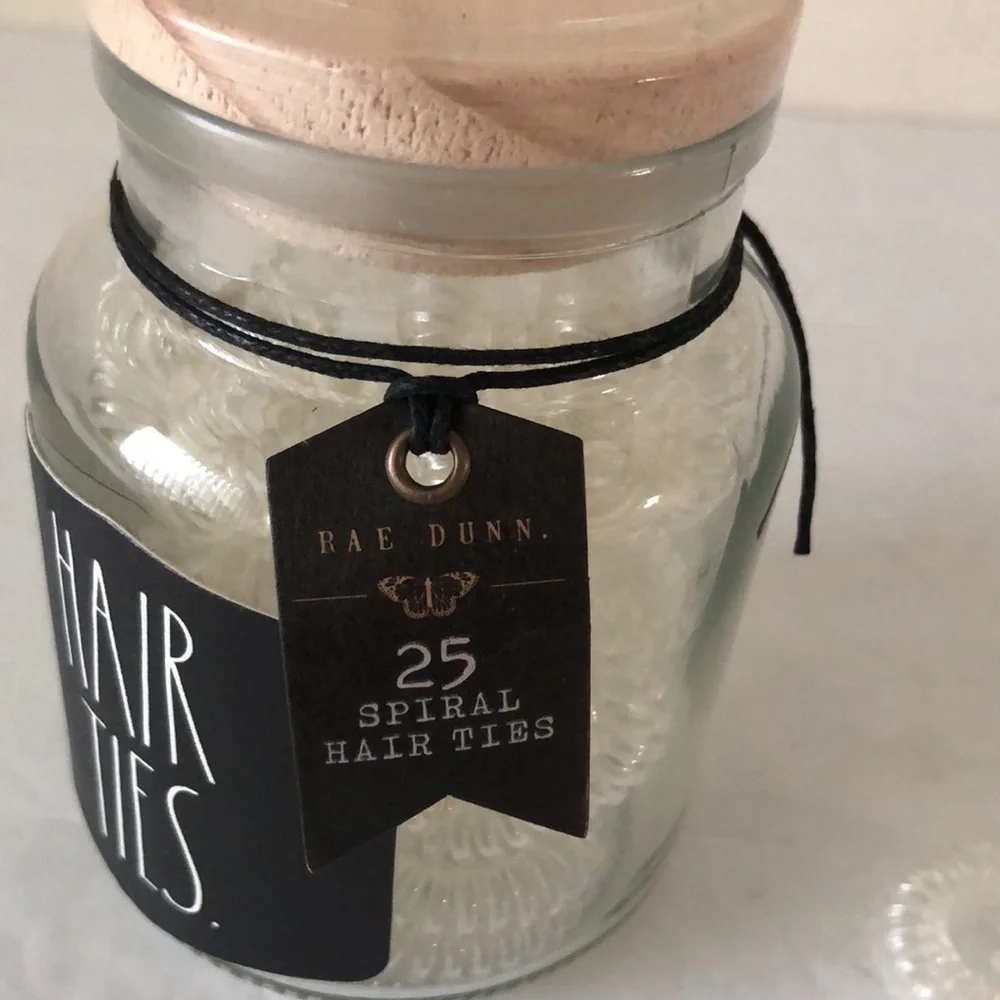 RAE DUNN  Small Glass Jar With 25 Clear Spiral Hair Ties